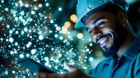 African American male industrial worker in hard hat smiling while holding digital tablet, surrounded by glowing particles and bokeh lights in dark environment.