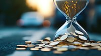 Hourglass with golden coins flowing through time, symbolizing financial investment and money management concept on dark background with bokeh lights.