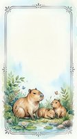 Watercolor capybara family with babies in natural wetland habitat surrounded by decorative vintage frame border with botanical elements and butterflies.