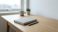 Wooden desk with notebook, pen, and coffee mug by window. Minimalist workspace setup for remote work, study, or creative projects.
