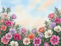 Watercolor floral border with pink, purple, and orange blooms on a soft pastel sky background, perfect for greeting cards and invitations.