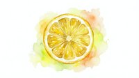 Watercolor lemon slice with vibrant yellow citrus segments on colorful paint splash background for fresh summer designs and healthy lifestyle concepts.