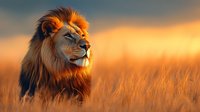 Majestic male lion with golden mane standing in tall grass during sunset, warm orange light illuminating fur against blurred savanna background. Wildlife photography concept.