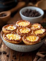 Traditional Portuguese egg tarts with crispy puff pastry and creamy custard filling served in ceramic bowl on rustic wooden table with chocolate chips and spices.