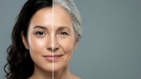 Split portrait showing aging process transformation from young to elderly woman with natural skin changes and gray hair development over time.