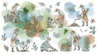 Watercolor farmers and gardeners working in fields with plants and leaves on white background isolated for design projects and agricultural themes.