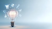 Light bulb with glowing tooth inside surrounded by dental care icons representing innovative dentistry concepts and oral health technology solutions.