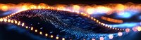 Abstract digital wave with glowing particles and light bokeh effects on dark background. Futuristic technology concept.