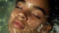 Young African American woman with freckles relaxing in water with closed eyes, sunlight creating ripple patterns on peaceful face, natural beauty skincare concept.