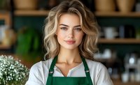 Young female barista with blonde wavy hair wearing green apron and white shirt smiling at camera in cozy coffee shop interior with blurred background and decorative flowers.