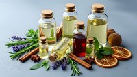 Natural essential oils in glass bottles with cork stoppers surrounded by aromatic herbs, spices and dried citrus for aromatherapy and wellness.