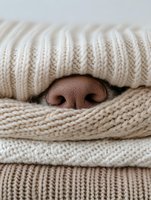Dog nose peeking through cozy cream knit sweater layers creating warm winter comfort scene for pet care and seasonal fashion concepts.