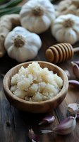 Fresh garlic paste in wooden bowl with whole garlic bulbs and honey dipper on rustic table, natural remedy for immune support.