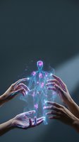 Hands protecting glowing holographic human anatomy with highlighted organs and nervous system for healthcare technology and medical innovation concepts.