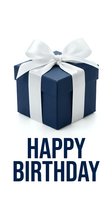 Navy blue gift box with white satin ribbon bow and Happy Birthday text on white background, isolated for greeting cards and social media.