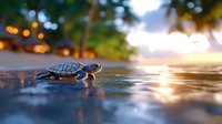 Baby sea turtle crawling across wet sand toward ocean at sunset with palm trees and warm bokeh lights creating magical tropical beach scene.