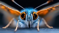 Extreme macro photography of butterfly face with large orange compound eyes and blue scales, showing intricate details of insect head structure and antennae.