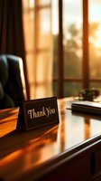 Thank you card on wooden executive desk in warm sunset light through office window, creating atmospheric business environment with leather chair in background.