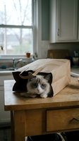 Adorable ragdoll kitten hiding inside brown paper bag on wooden kitchen counter creating playful domestic scene for pet lovers and home decor.