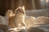 Fluffy white Persian cat sitting on rumpled bedding in warm morning sunlight, creating dreamy atmosphere with backlit fur glowing in golden hour light.