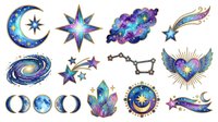 Celestial and cosmic isolated clipart elements featuring moons, stars, galaxies, crystals, and mystical symbols in purple, blue, and gold tones for design projects.