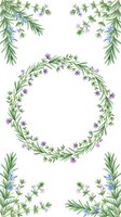 Lavender and green foliage wreath with hanging sprigs and corner arrangements on white background. Botanical frame for invitations, greeting cards, and wedding designs.