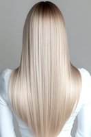 Long straight platinum blonde hair from back view on woman wearing white top against gray background, showing smooth healthy hair texture and coloring result.