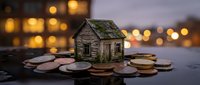 Miniature wooden house model surrounded by coins with warm bokeh lights background representing real estate investment, savings, and financial planning concepts.