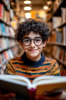 Young Hispanic boy with curly hair and glasses smiling while reading book in library. Wearing striped orange sweater. Warm lighting and bookshelves create educational atmosphere.