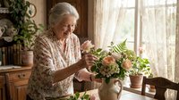 Senior Caucasian woman arranging fresh flowers in vase by sunny window at home. Elderly lady enjoying gardening hobby indoors with natural light and plants.