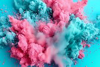 Explosive burst of pink and turquoise powder clouds creating dynamic abstract composition against bright background, frozen motion of color dust particles.