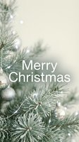 Merry Christmas greeting card with frosted pine tree, silver ornaments, and fairy lights on a soft neutral background.