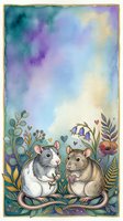 Two cute rats sitting together among flowers and hearts in a watercolor art style with teal, purple, and gold tones, copy space above.