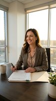 Professional businesswoman signing contract documents at modern office desk with city view background for corporate and legal business concepts.