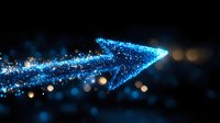 Glowing blue arrow formed by luminous particles with bokeh effect on dark background, symbolizing digital transformation and business growth direction.