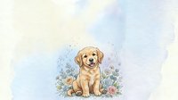 Adorable golden retriever puppy sitting among delicate watercolor flowers on soft pastel background for nursery decor and greeting cards.