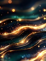 Glowing golden waves with sparkling particles flow through dark turquoise space, creating magical abstract background with luminous light trails and bokeh effect.