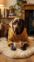 Chocolate Labrador dog wearing sunglasses and mustard sweater holding stay cozy mug in warm living room with fireplace and books for cozy home concept.