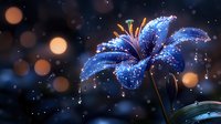 Magical blue lily flower with water drops and sparkles against dark background with bokeh lights creates dreamy nature atmosphere for greeting cards and wallpapers.
