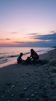 Mother and child silhouettes playing together on beach at sunset with colorful sky and gentle waves for family vacation and bonding memories.