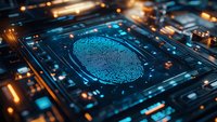 Digital fingerprint scan on futuristic circuit board with glowing blue elements and orange light effects. Technology concept for biometric security and data protection.