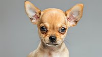 Adorable tan Chihuahua puppy with large expressive eyes and pointed ears poses against gray background, looking directly at camera with sweet expression.