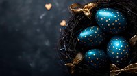 Vibrant turquoise Easter eggs with gold polka dots nestled in dark nest with dried leaves and petals against moody black background. Festive spring holiday composition.