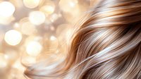Flowing blonde and brown hair strands with soft bokeh lights in background creating dreamy romantic effect, close up view of highlighted wavy hairstyle.
