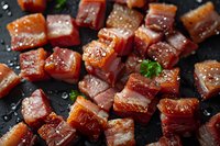 Fresh pork belly cubes with crispy skin and sea salt on dark background, perfect for restaurant menu, food blog, or culinary advertising.