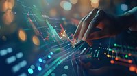 Trader analyzing stock market charts and financial data on digital display with candlestick graphs, suitable for business, finance, and investment concepts.