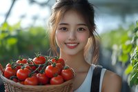 Young Asian woman holding wicker basket with fresh red cherry tomatoes on vine, smiling warmly in greenhouse setting with natural sunlight and green plants.