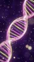 Glowing DNA double helix structure with neon pink and yellow light effects on purple cosmic background for science and biotechnology concepts.