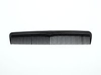 Black plastic hair comb with fine teeth isolated on white background, ready for salon, grooming, and personal care design projects.