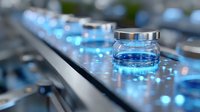 Glass jar with blue liquid on automated pharmaceutical production line with glowing lights and metallic conveyor belt in modern manufacturing facility.
